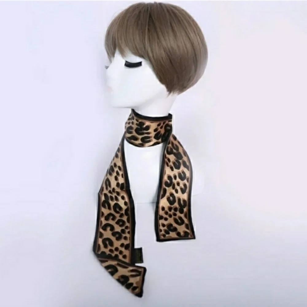 Silver Leopard print Silk Skinny Scarf Twilly
